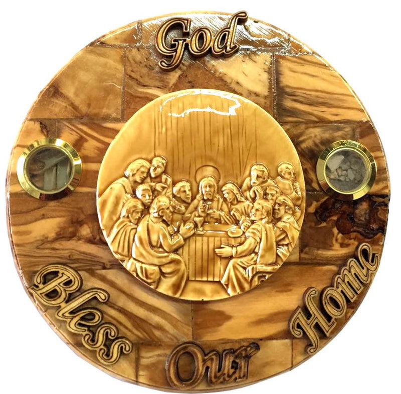 Round Olive Wood Last Supper Plaque Hand Made in Bethlehem Holy Land with Alabaster. (6 inches Diameter)