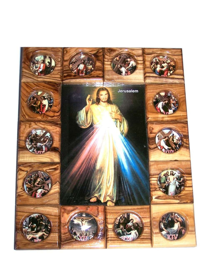 Placa de Icono de las Estaciones de la Cruz del Mercado de Tierra Santa Todo en Madera de Olivo de Belén (29 x 24 cm o 11.5 x 9.5 pulgadas)