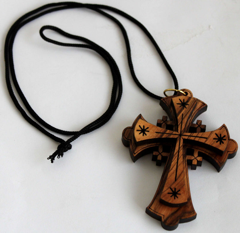 Collar de Cruz de Jerusalén de Madera de Olivo Grado A (3 pulgadas - El cordón se puede ajustar)