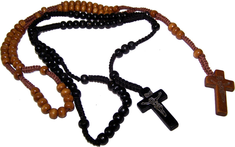 Two Rosaries with Velvet Bags : Black, Tan or Light Brown Colored Wooden Beads Rosary Necklaces with Jesus Imprint Cross