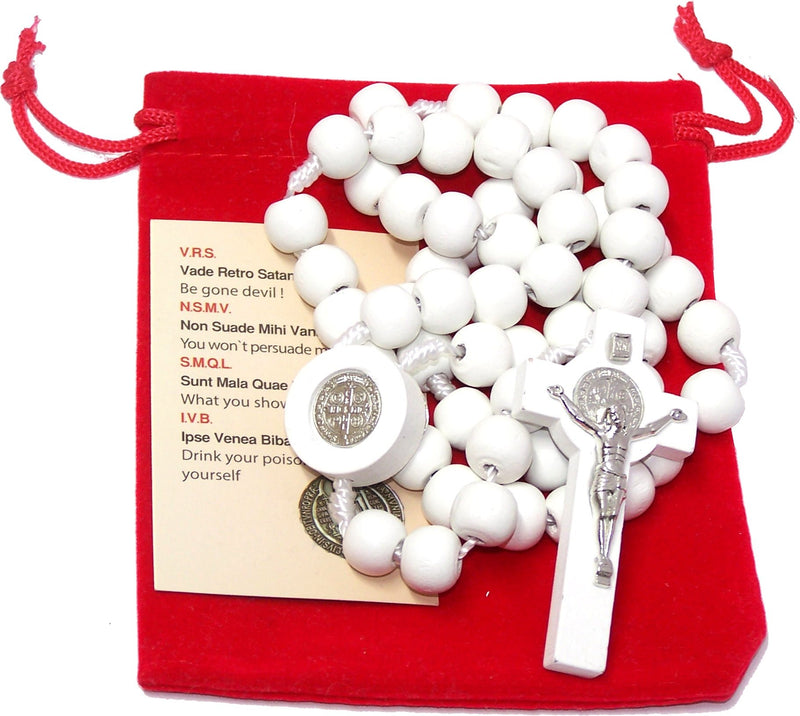 Holy Land Market St. Benedict Catholic wood Rosary beads from Bethlehem - the Holy Land - White