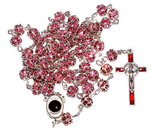 Rosario de cristales multifacéticos - Rosario de cristal de 8 mm con cadena de alpaca tono plateado, tierra de Tierra Santa y crucifijo especial (Rosa)