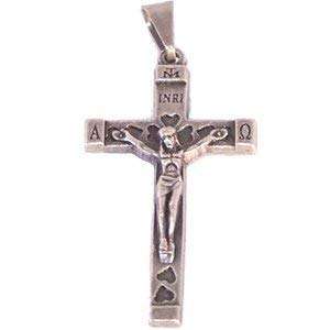 Crucifijo de Rosario de peltre - CRUZ DE METAL DEL NUEVO MILENIO con Corazones - modelo Alfa y Omega (4 cm o 1.6 pulgadas)