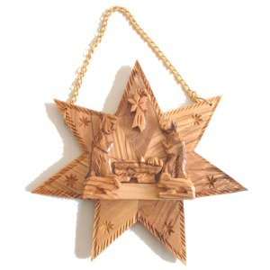 Escena de Natividad de madera de olivo en una pieza dentro de la Estrella de Belén (14.5 cm o 5.5" de diámetro)