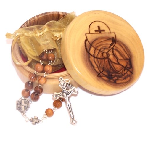 Olive Wood First Communion Gift Set - First Communion Box and Rosary from Bethlehem, the Holy Land