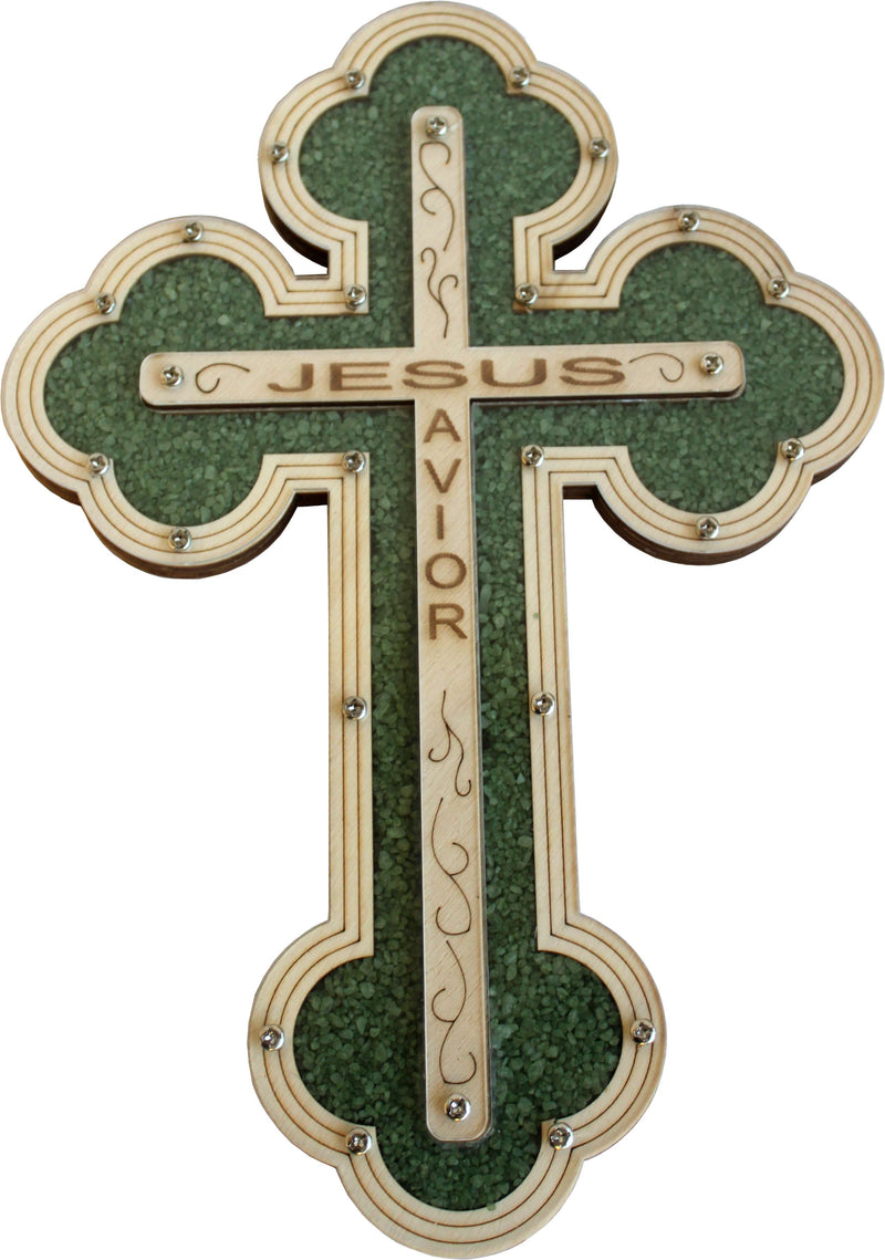 Cruz de Jesús Salvador Llenada con piedras semipreciosas de cornalina rojiza ardiente de la Tierra Santa