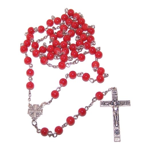 Red Glass beads Rosary - made with Alpaka silver tone ( 6mm beads - 19 inches )