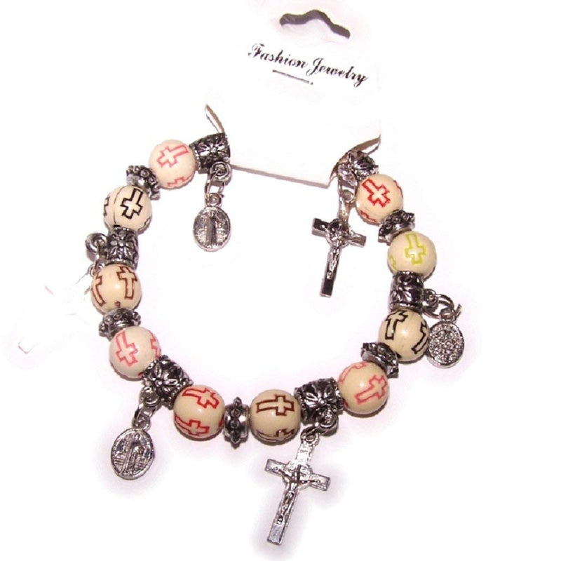 Saint Benedict silver plated Crosses and Medals Bracelet. Made with Beads engraved with Crosses