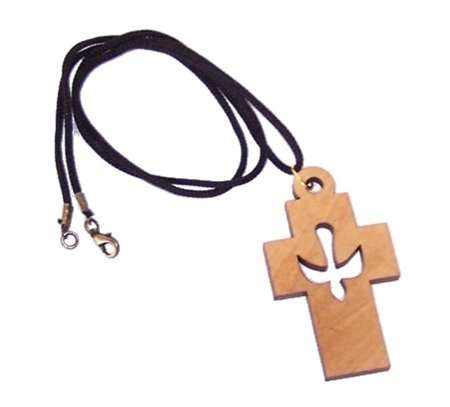 Cruz grande con cruz de paloma - collar de madera de olivo (el collar mide 60cm de largo - 23.5 pulgadas y la cruz mide 6cm o 2.4 pulgadas)
