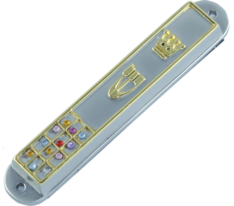 Crown Silver and Gold plated Mezuzah hoshen stones. 3.5 Inches and comes with The priestly breastplate