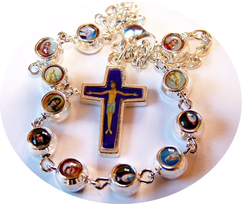 Silver Tone Mother Mary with Child icon resined beads Rosary / Chaplet / Brac...