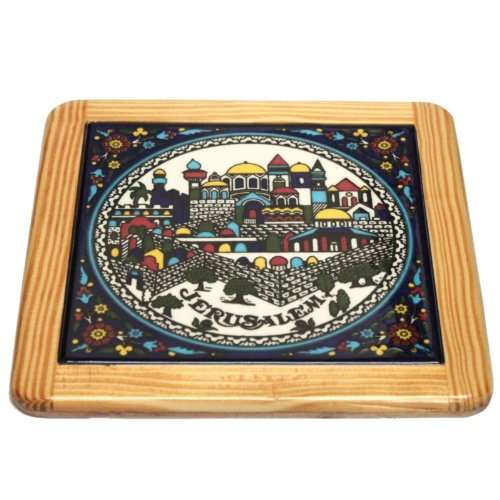 Trivet de cerámica armenia de las murallas de Jerusalén y vista de la Ciudad Vieja - Grande (15 cm de diámetro) - Marca registrada Asfour