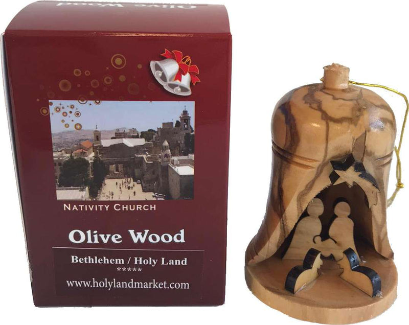 Adorno de nacimiento de campana de madera de olivo con caja de regalo (aproximadamente 4 pulgadas de alto)