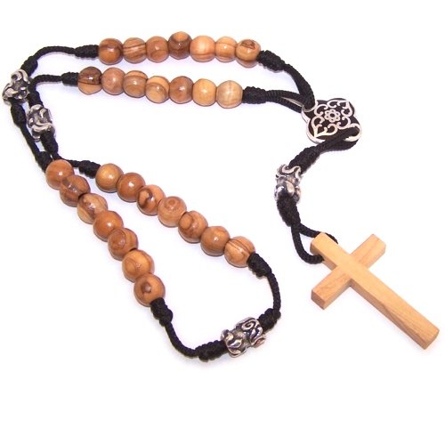 Olive wood with Silver tone and Black enamel beads Anglican Rosary ( 40cm or ...