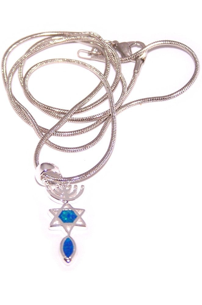 Messianic Seal symbol with created Opal Stones - Rhodium plated (2.5 cm - 1 inch - 20 Inch Chain)