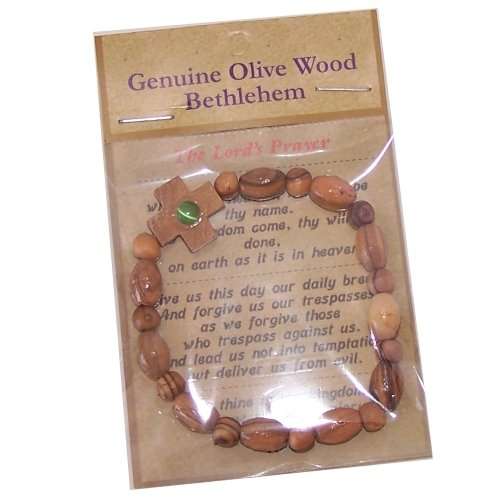 Pulsera religiosa elástica de madera de olivo con una piedra empaquetada como regalo con certificado especial de autenticidad y origen