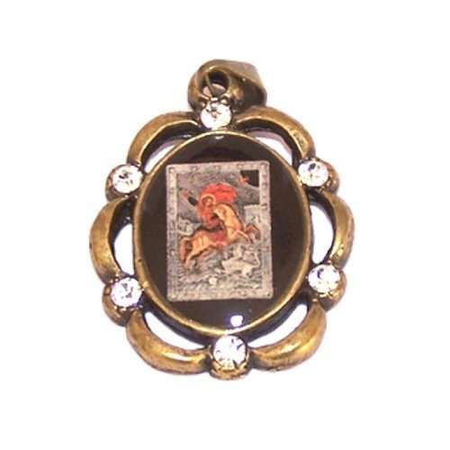 Ícono de San Jorge - medalla de bronce esmaltada y resinada con piedras CZ (3 cm o 1.2 pulgadas)