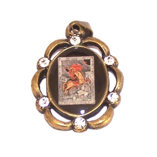 Saint George icon - enamelled resined bronze medal with CZ stones ( 3 cm or 1.2 inches )