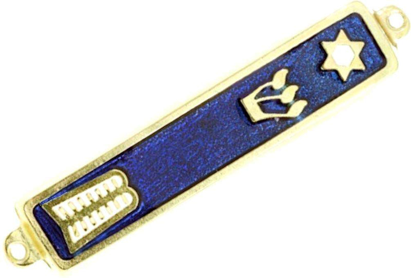 Sparkling blue enamel mezuzah case with tablets, Shin and Star of David