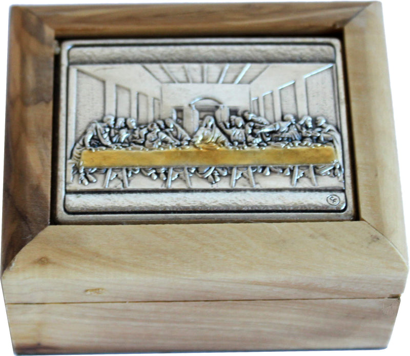 Holy Land Market First Communion Box - Rosary Box - Bethlehem Olive Wood (Metal - Last Supper of our Lord )