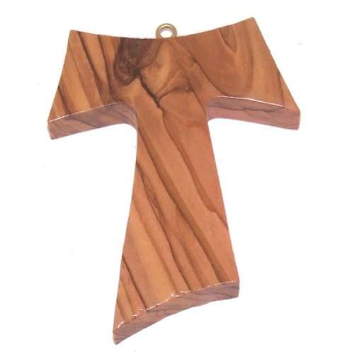 Cruz tau de madera de olivo extra grande (3 pulgadas - 8 cm) con gancho