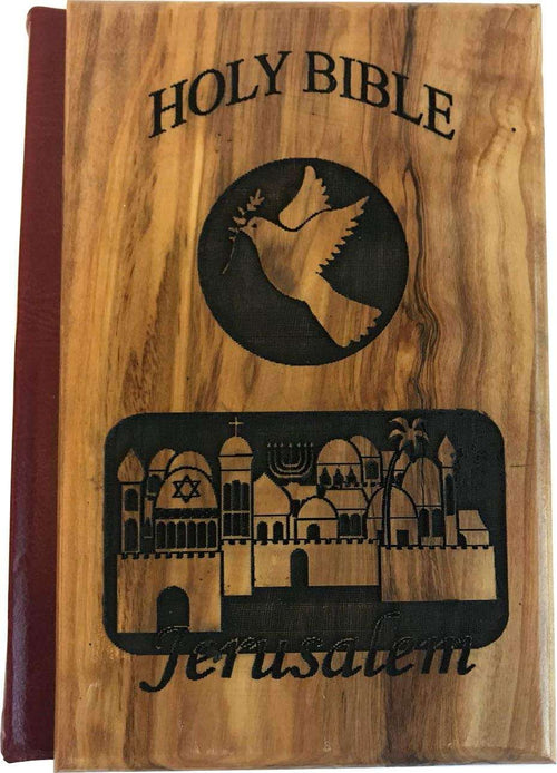 Biblia de Jerusalén, cubierta de madera de olivo tallada con paloma y vista de Jerusalén (inglés, 1094 páginas)