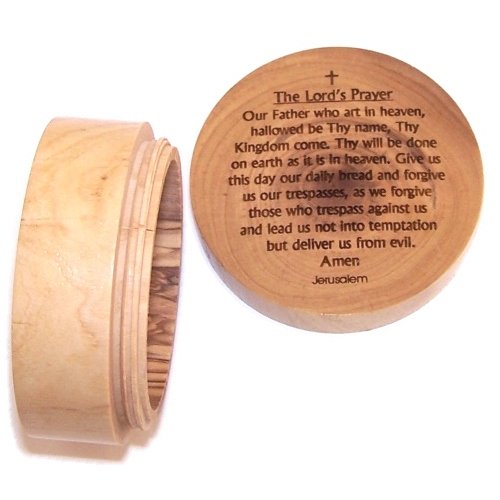 Holy Land Market Olive wood Lord`s prayer box (7x3cm or 2.8x1.2 inches) with Certificate
