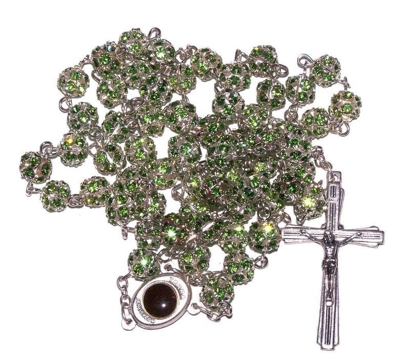 Rosario de cristales multifacéticos - Rosario de cristal de 8 mm con cadena de alpaca tono plateado, tierra de la Tierra Santa y crucifijo especial (Verde)