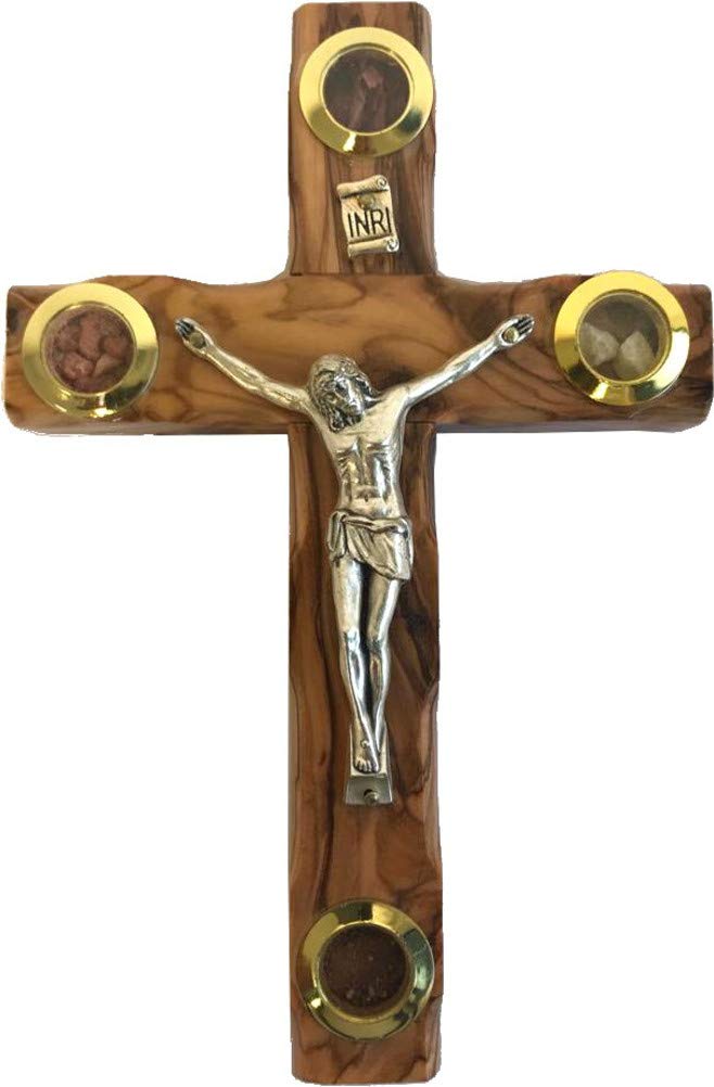 Holy Land Market Catholic Olive Wood Cross Crucifix with Holy Essences - 6.2 Inches.