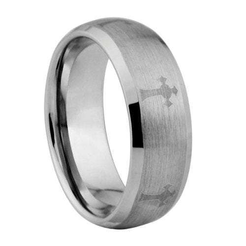 Anillo de tungsteno grabado con láser con cruces - estilo aplastado