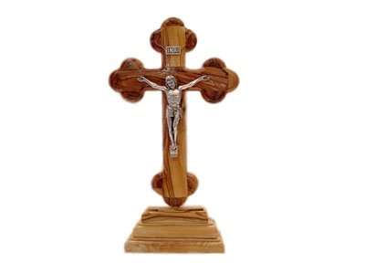 Cruz de pie de madera de olivo con crucifijo - 10 pulgadas de alto