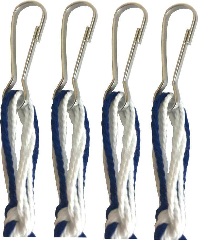 Four white tzitzit cords with royal blue thread and metal hanging hooks
