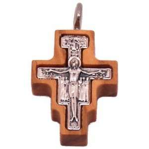 Cruz de Madera de Olivo con Cruz de peltre Empotrada - Modelo San Damiano (2.3 cm - 0.9") - 6mm de grosor