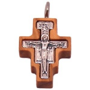 Olive wood Cross with Embedded pewter Cross - San Damiano model (2.3 cm - 0.9") - 6mm thick
