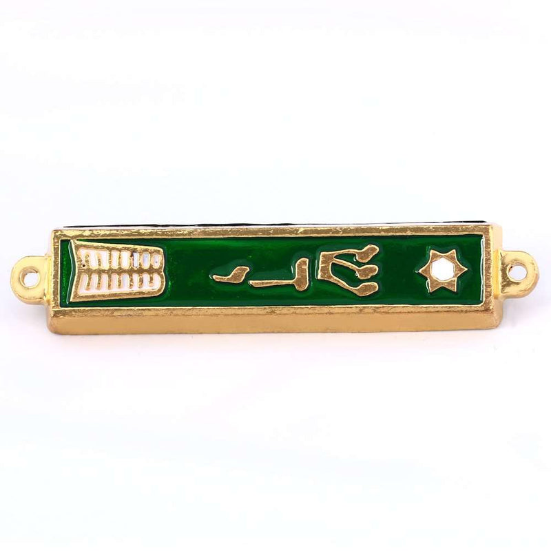 Green enamel mezuzah case with tablets, Shin symbol and Star of David