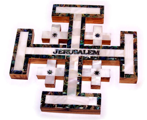 Cruz de Jerusalén de Madera de Olivo del Mercado de Tierra Santa cubierta con concha de Madreperla.