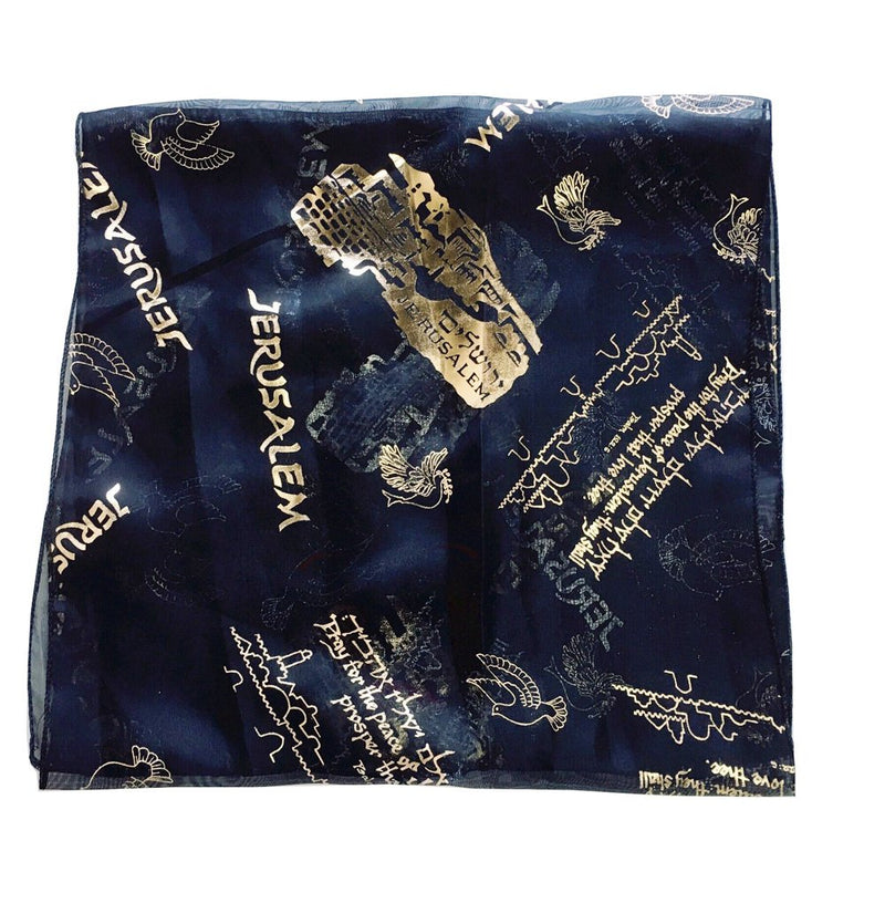 Dark navy-black polyester scarf with gold Jerusalem skyline and dove print