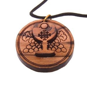 Eucharist - Wine and Bread - 2-Layers Olive Wood Laser Necklace (Pendant is :.