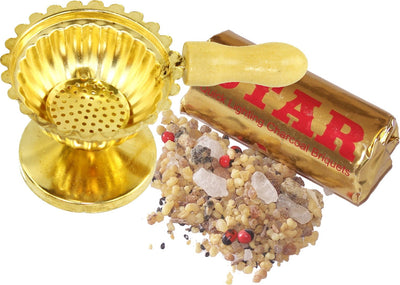 Holy Land Market Brass Incense Burner (3 Inches) - Small with Incense and Charcoal Set or kit