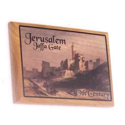 Imán de icono de la puerta de Jaffa del siglo XIX de la antigua ciudad de Jerusalén - Madera de olivo (6x4 cm o 2.4x1.6 pulgadas)