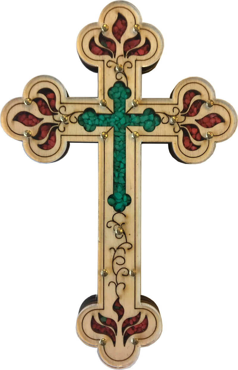 Cruz de Jesús Salvador Llenada con piedras semipreciosas de cornalina rojiza ardiente de la Tierra Santa