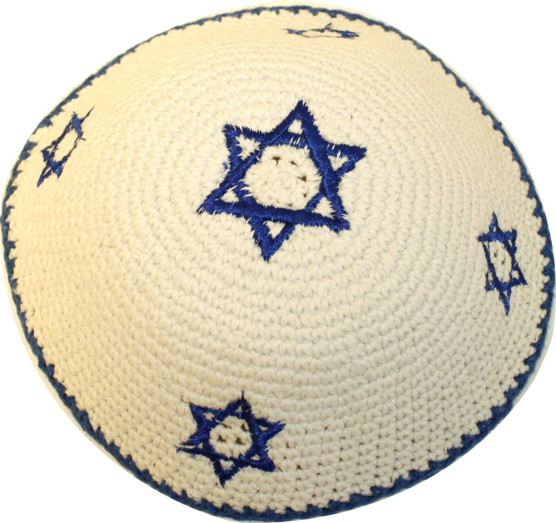 Holy Land Market White with 5 Blue Stars of David 17cm DMC 100% Knitted Cotton Kippah Jewish - 2019 Release M4