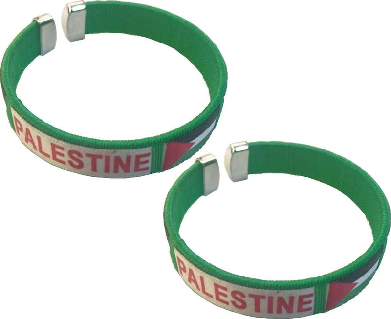 Pair of green fabric cuff wristbands with red PALESTINE text and flag