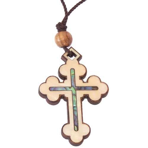 Cruz ortodoxa bizantina de madera de olivo con madreperla (60 cm / 23.5 pulgadas, la cruz mide 5 cm o 2 pulgadas)
