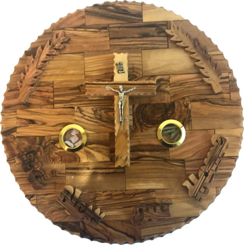 God bless our Home olive wood wall plaque with Holy samples (10 inches diameter)