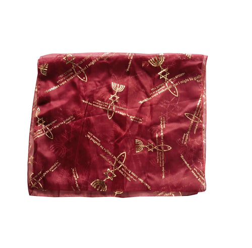 Burgundy sheer scarf with gold menorah, Star of David and fish seal print #color_burgundy