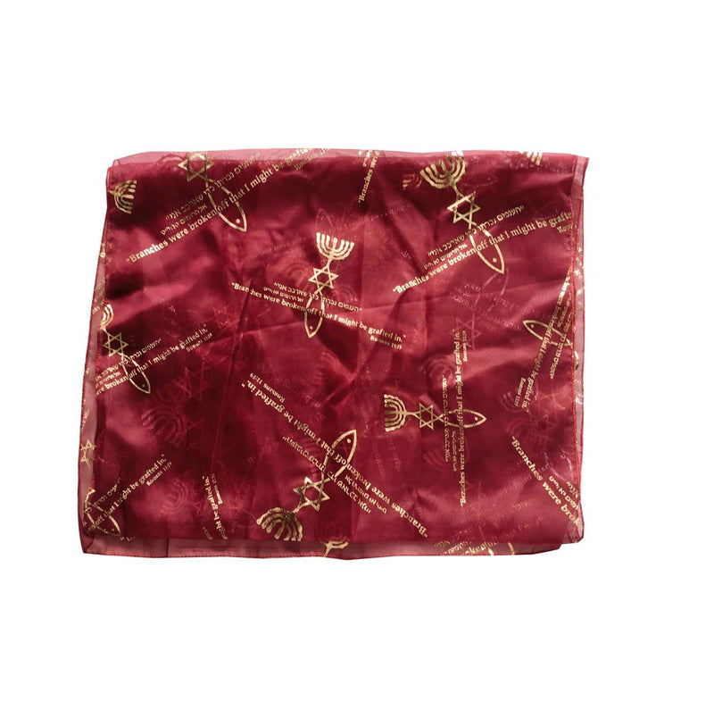 Burgundy sheer scarf with gold menorah, Star of David and fish seal print