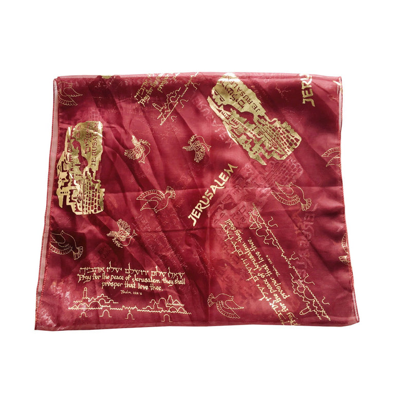 Burgundy polyester scarf with gold Jerusalem print and Psalm 122:6 verse