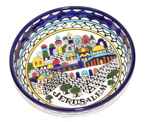 Tazón de cerámica armenia con vista de las murallas y puertas de la ciudad de Jerusalén - Mediano (9.2 pulgadas de diámetro y 1.5 pulgadas de profundidad) - Marca registrada Asfour Outlet