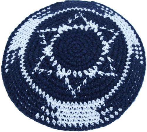 Dark Blue/White with Star of David17cm DMC 100% Knitted Cotton Kippah Jewish